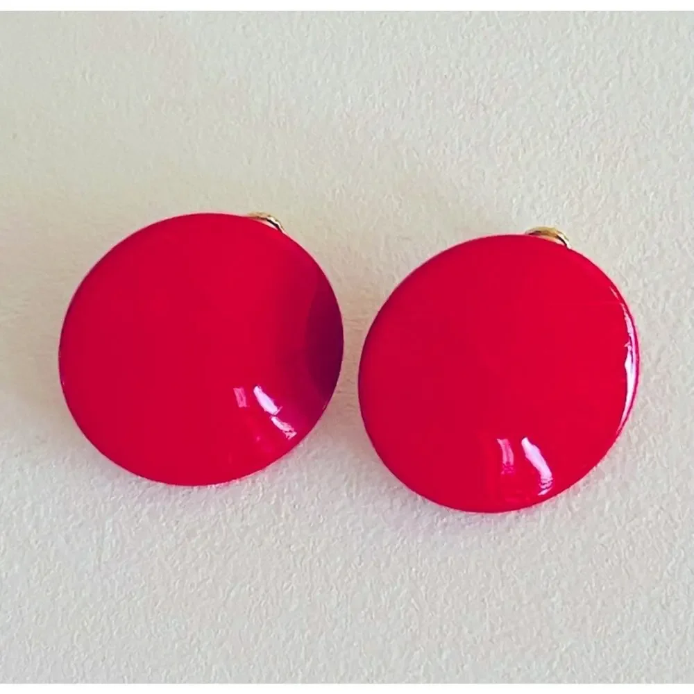 Vtg Red Mid-Century Modern Round Disc Screw-back Clip-on Earrings Dot Geometric